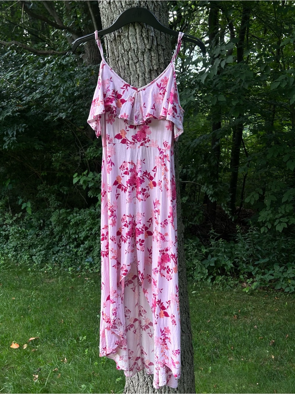 Rewind Pink Floral High-Low Cold Shoulder Maxi Dress